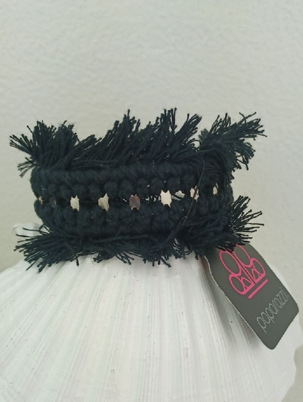 Black Thread Fringed Silver Metal Bling Crazy Awesome Woven Cuff Bracelet